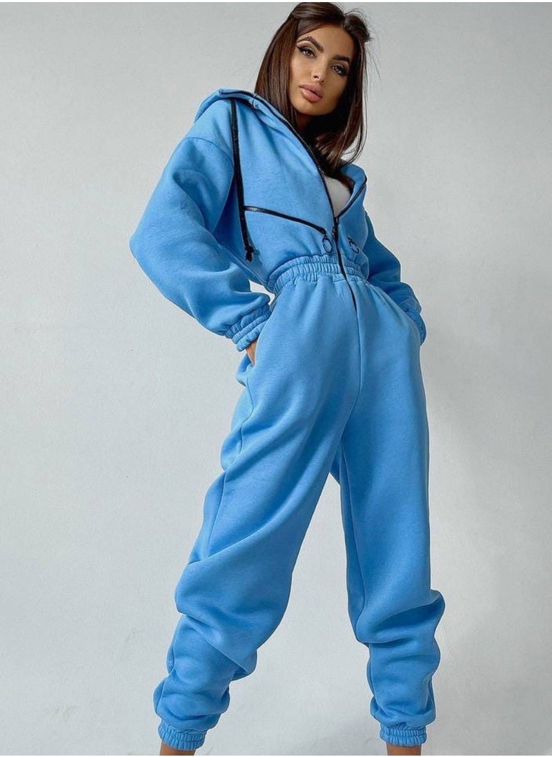 Drawstring Zip-up Hooded Jumpsuit, Long Slipper Zippered Pocket Casual One-piece Sports Catsuit, Women's Clothing