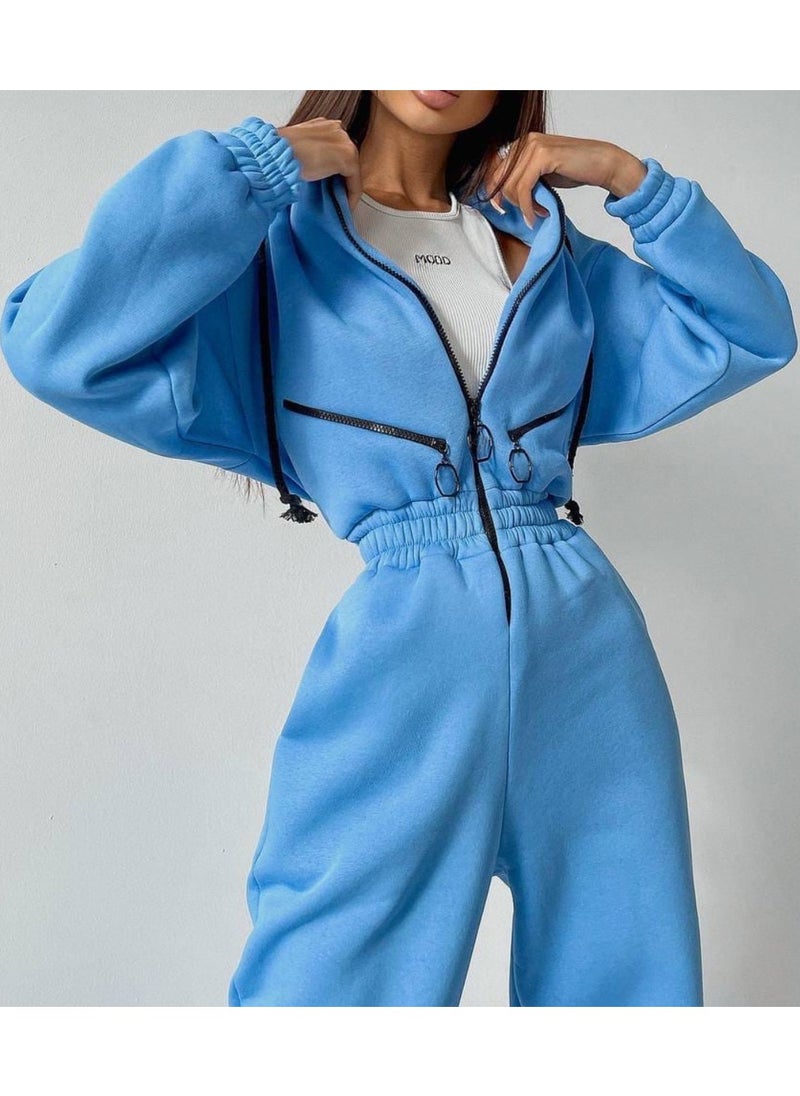 Drawstring Zip-up Hooded Jumpsuit, Long Slipper Zippered Pocket Casual One-piece Sports Catsuit, Women's Clothing
