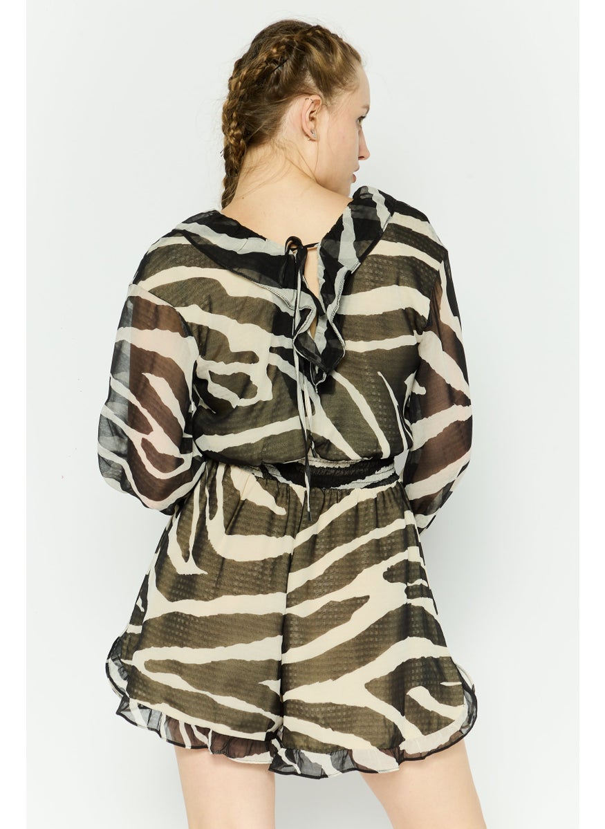 Women Sheer Sleeve Animal Print Jumpsuit, Multicolor