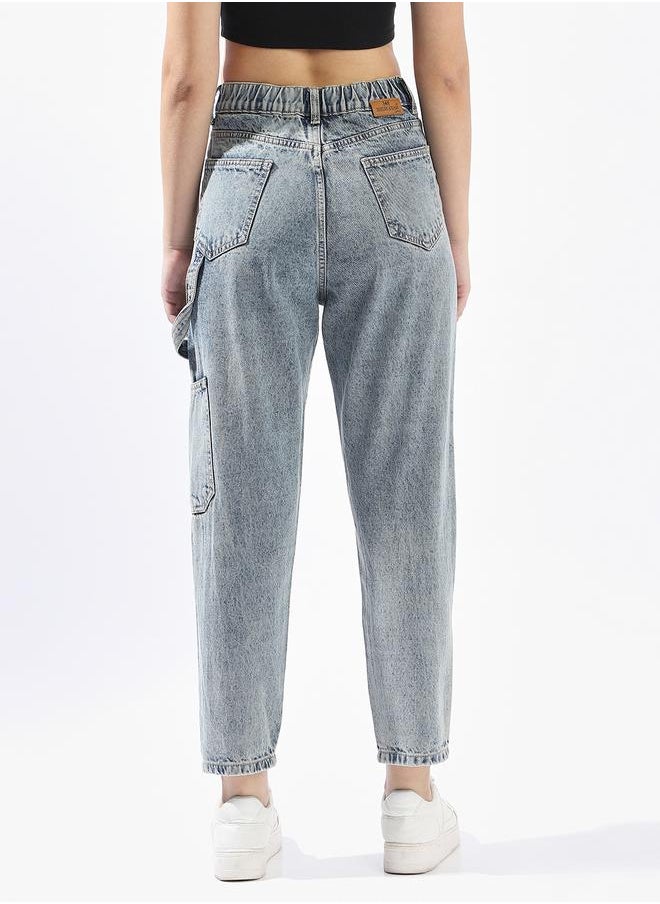 Women Mom Fit Carpenter Utlity Cargo High-Rise Light Fade Cotton Crop Jeans
