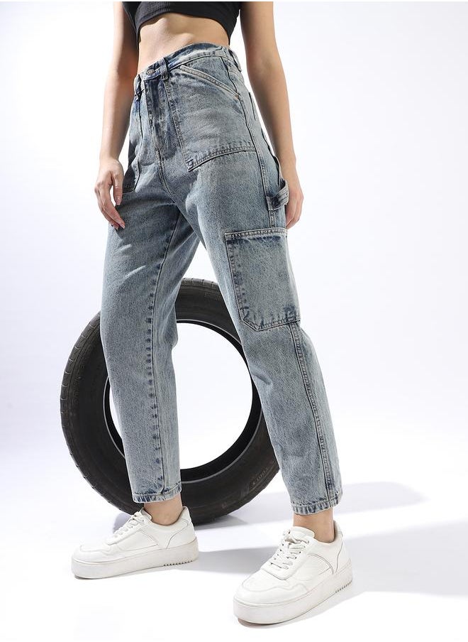 Women Mom Fit Carpenter Utlity Cargo High-Rise Light Fade Cotton Crop Jeans
