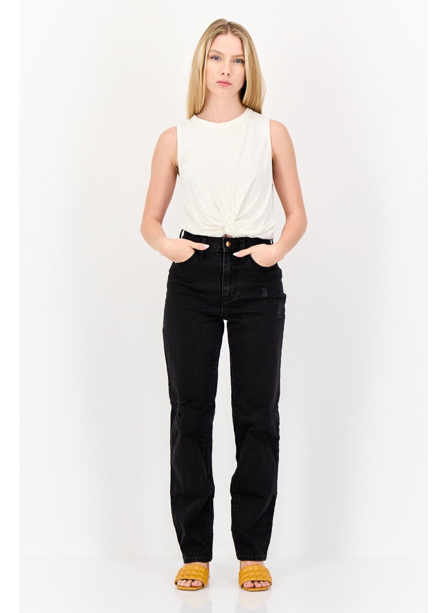 Women Straight Fit Solid Stretchable Denim Jeans, Black