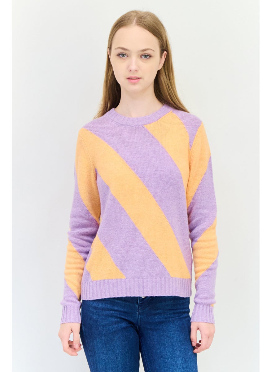 Women Round Neck Stripe Sweater, Multicolor