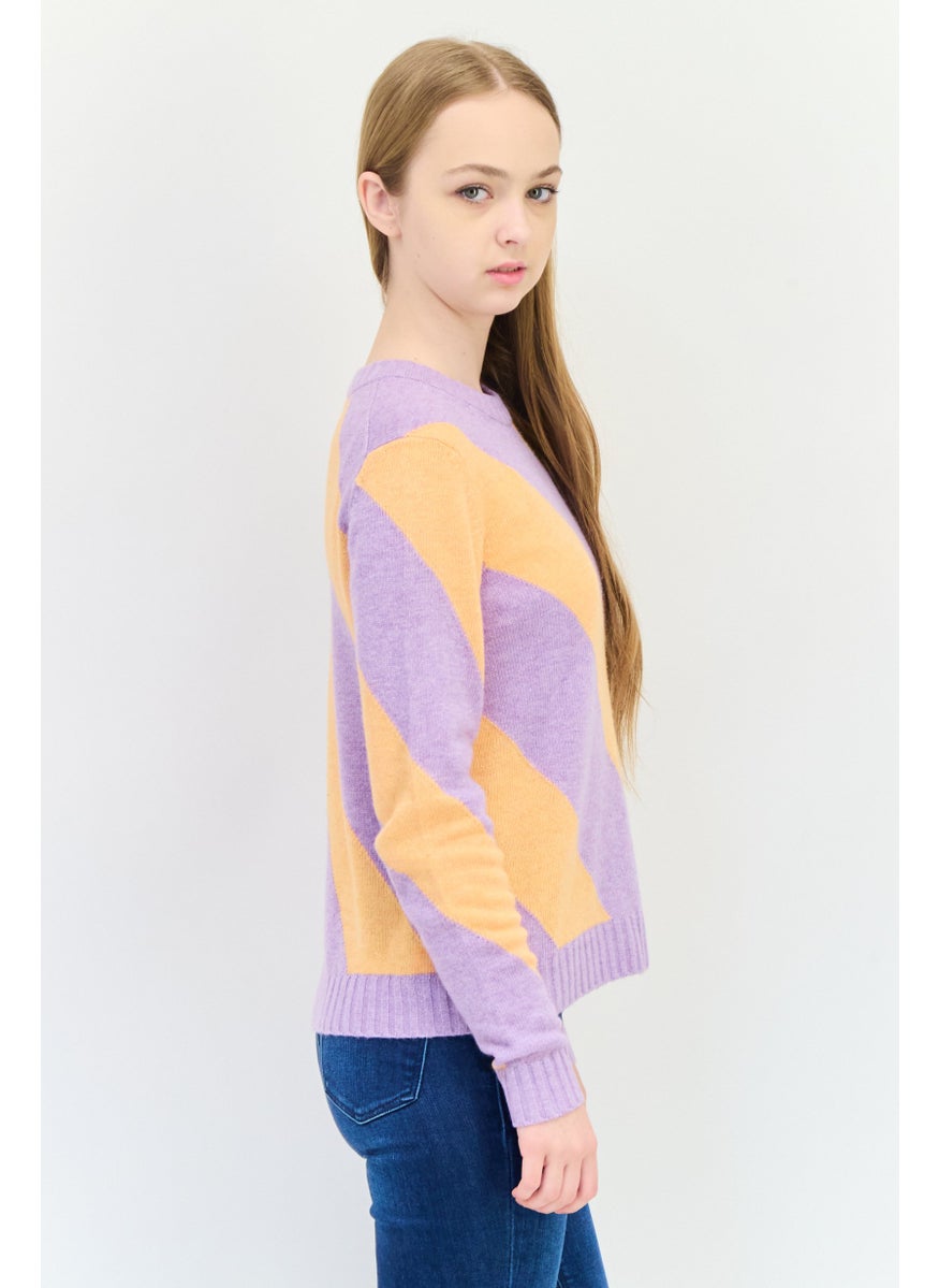 Women Round Neck Stripe Sweater, Multicolor