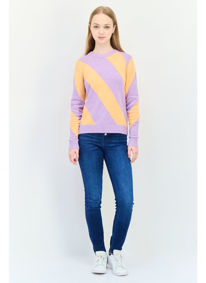 Women Round Neck Stripe Sweater, Multicolor
