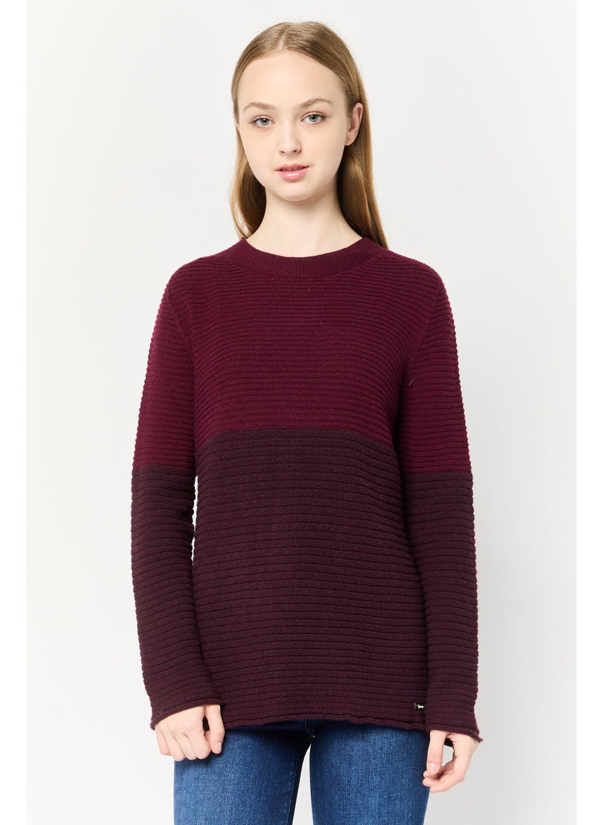 Women Crew Neck Knitted Sweater, Burgundy