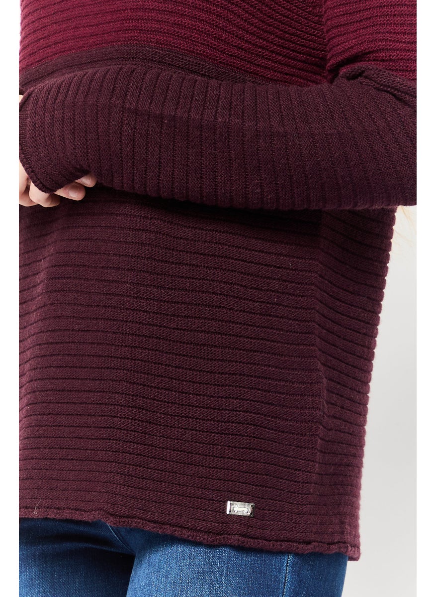 Women Crew Neck Knitted Sweater, Burgundy