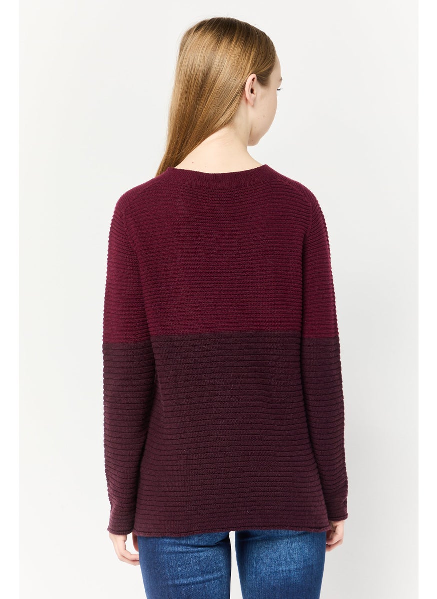 Women Crew Neck Knitted Sweater, Burgundy