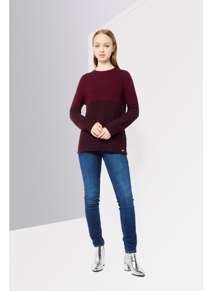 Women Crew Neck Knitted Sweater, Burgundy