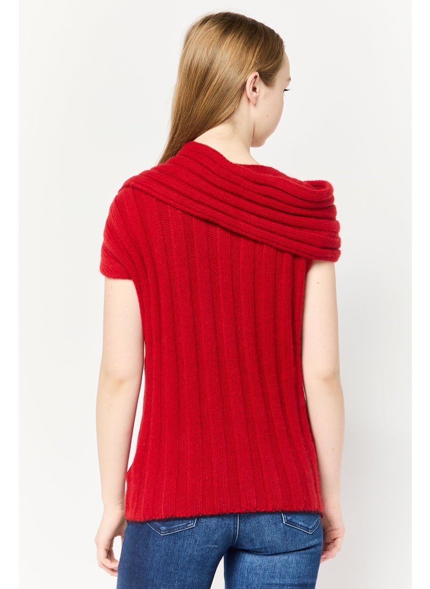 Women V-Neck C5roched Sweater, Red