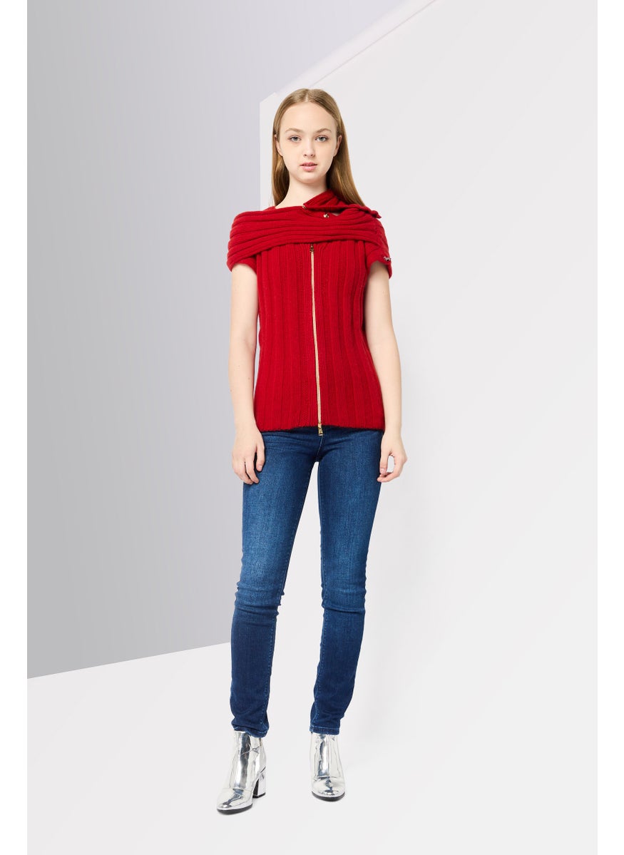 Women V-Neck C5roched Sweater, Red