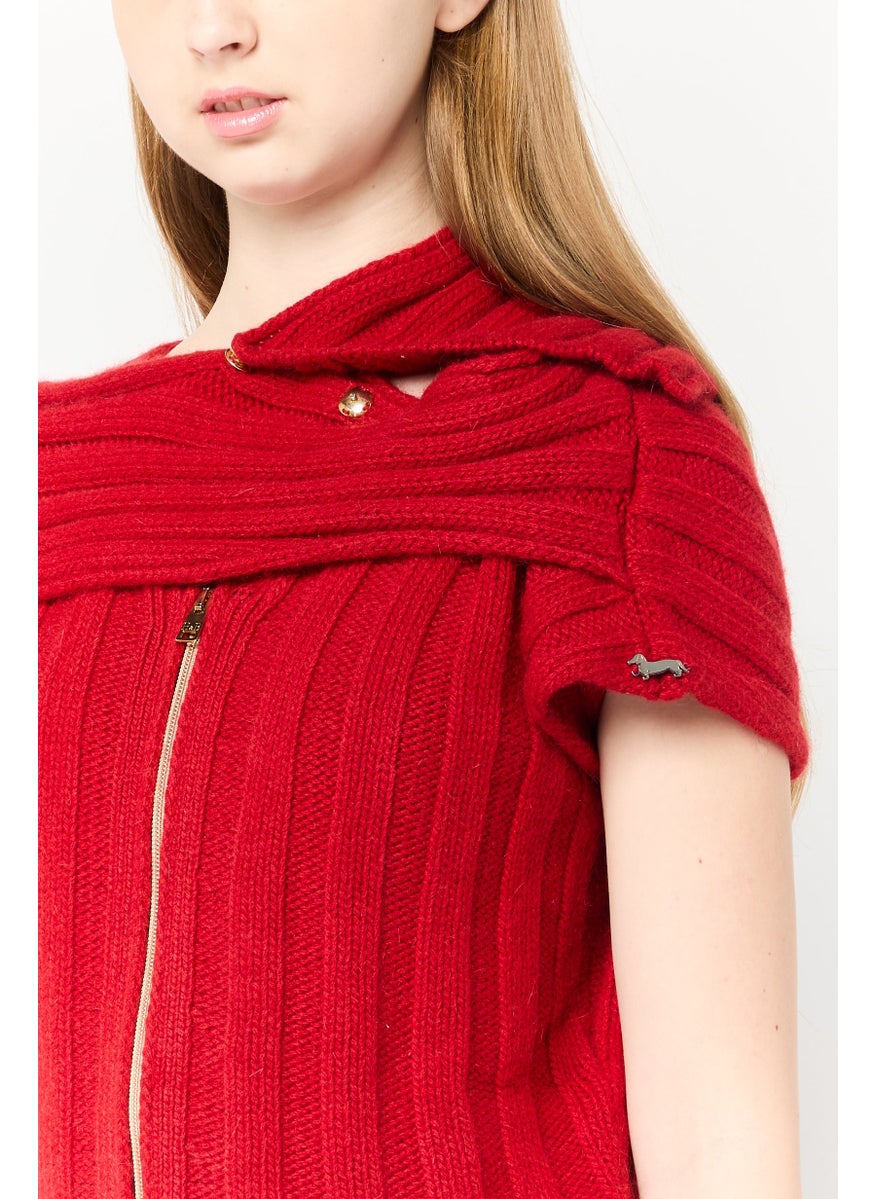 Women V-Neck C5roched Sweater, Red