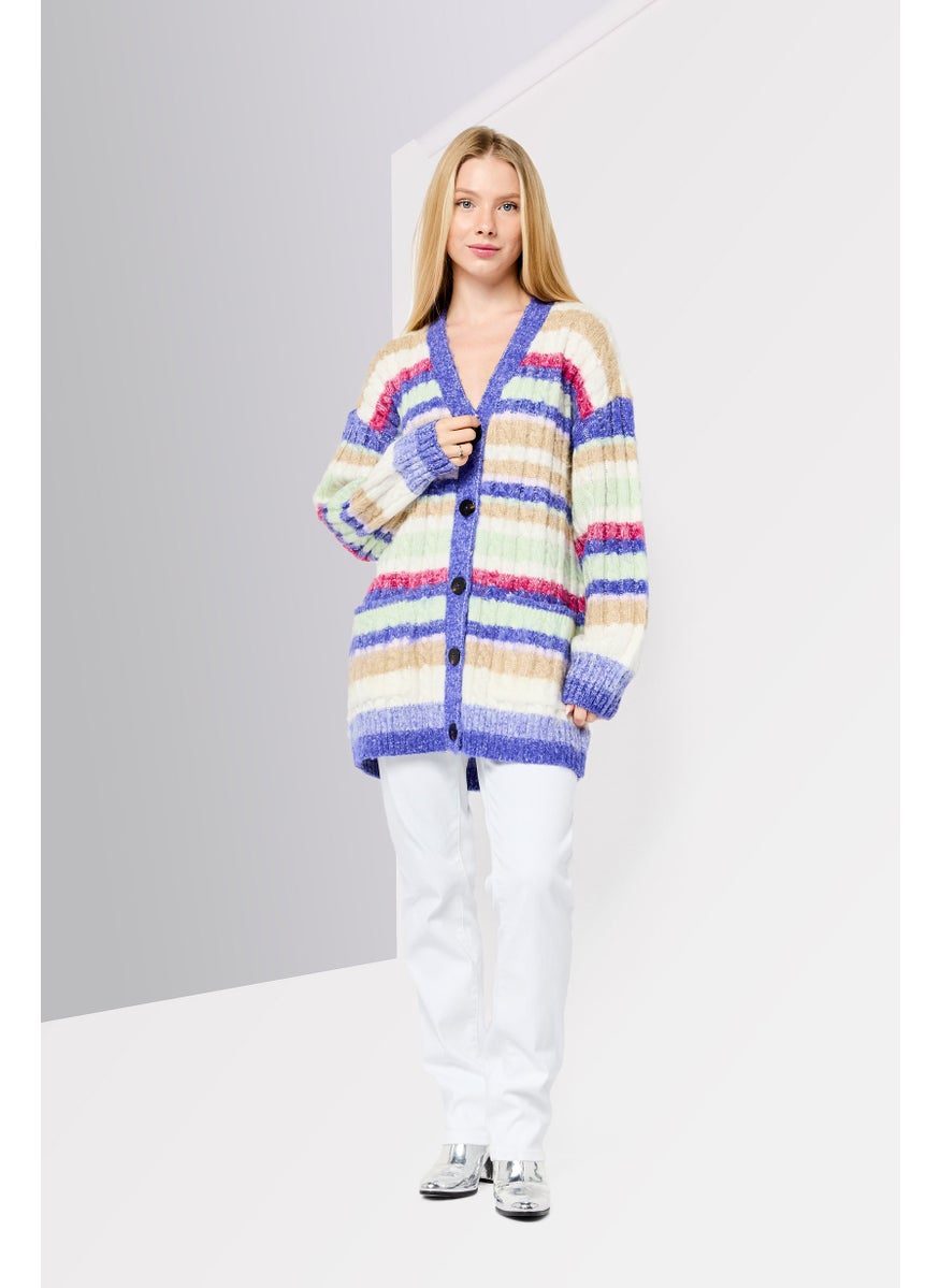 Women V-Neck Long Sleeves Yarn Dye Cardigan, Multicolor