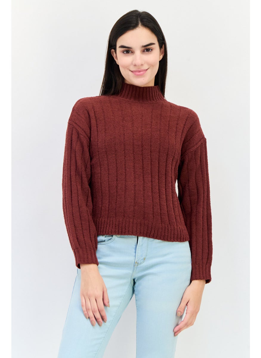 Women Mock Neck Textured Sweater, Maroon