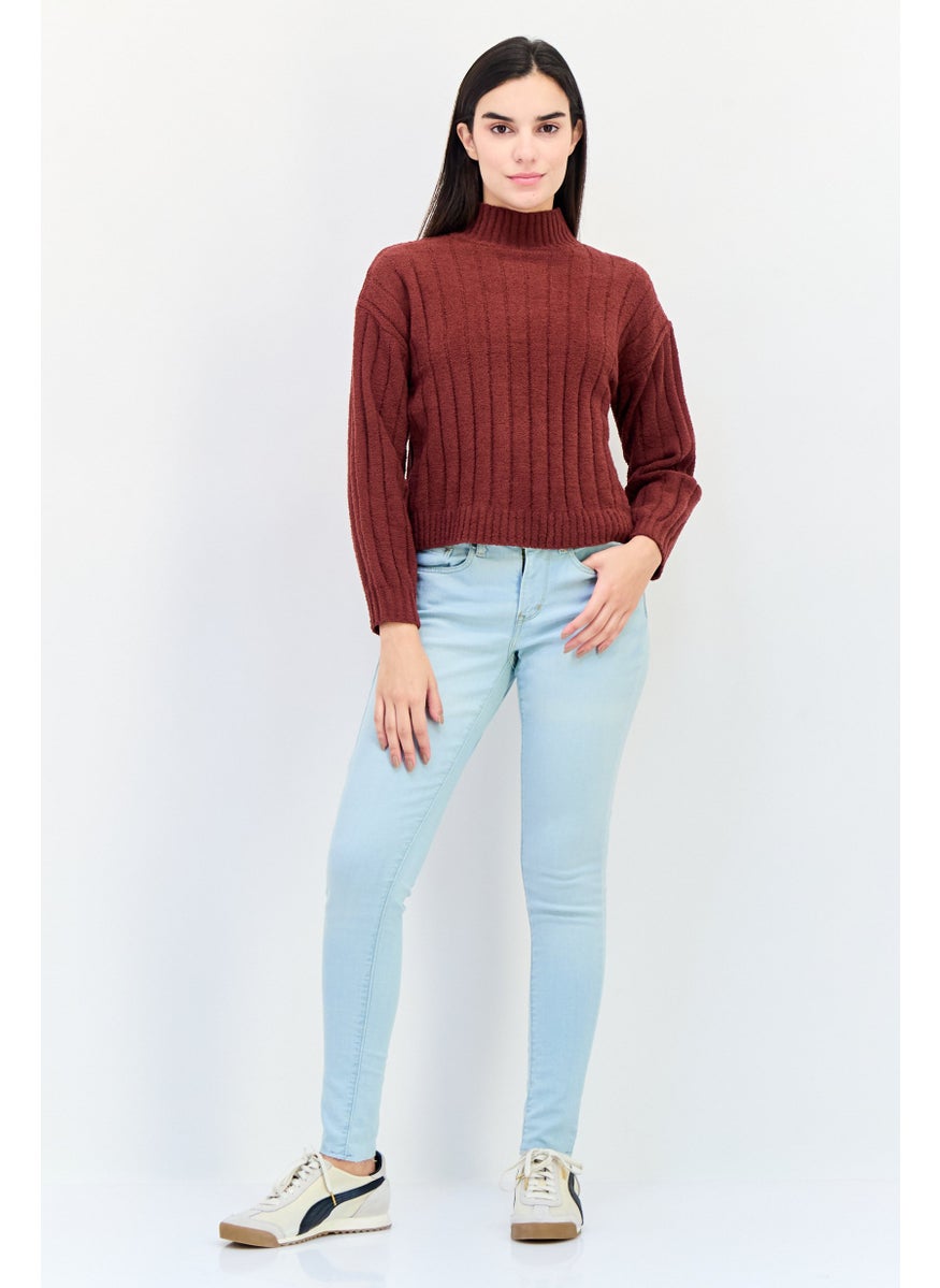 Women Mock Neck Textured Sweater, Maroon