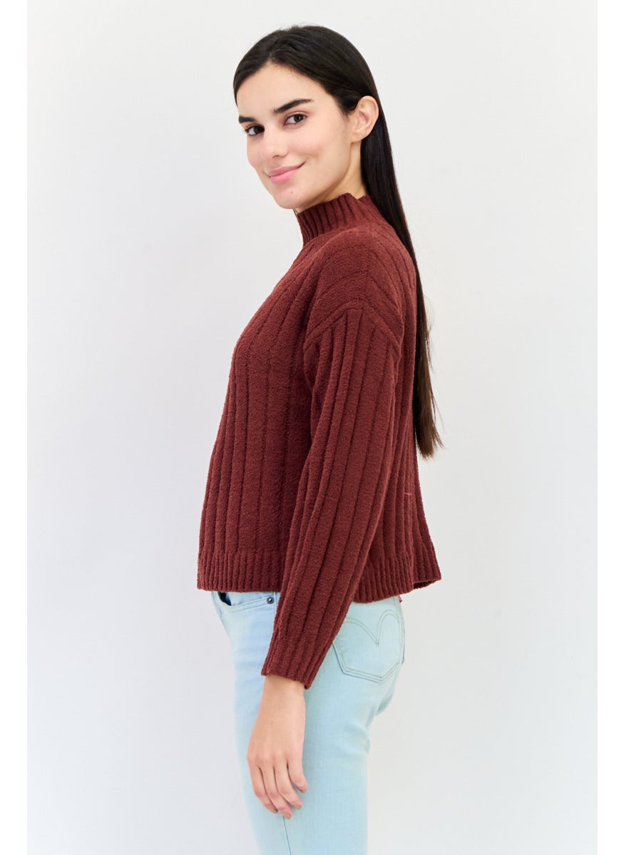 Women Mock Neck Textured Sweater, Maroon