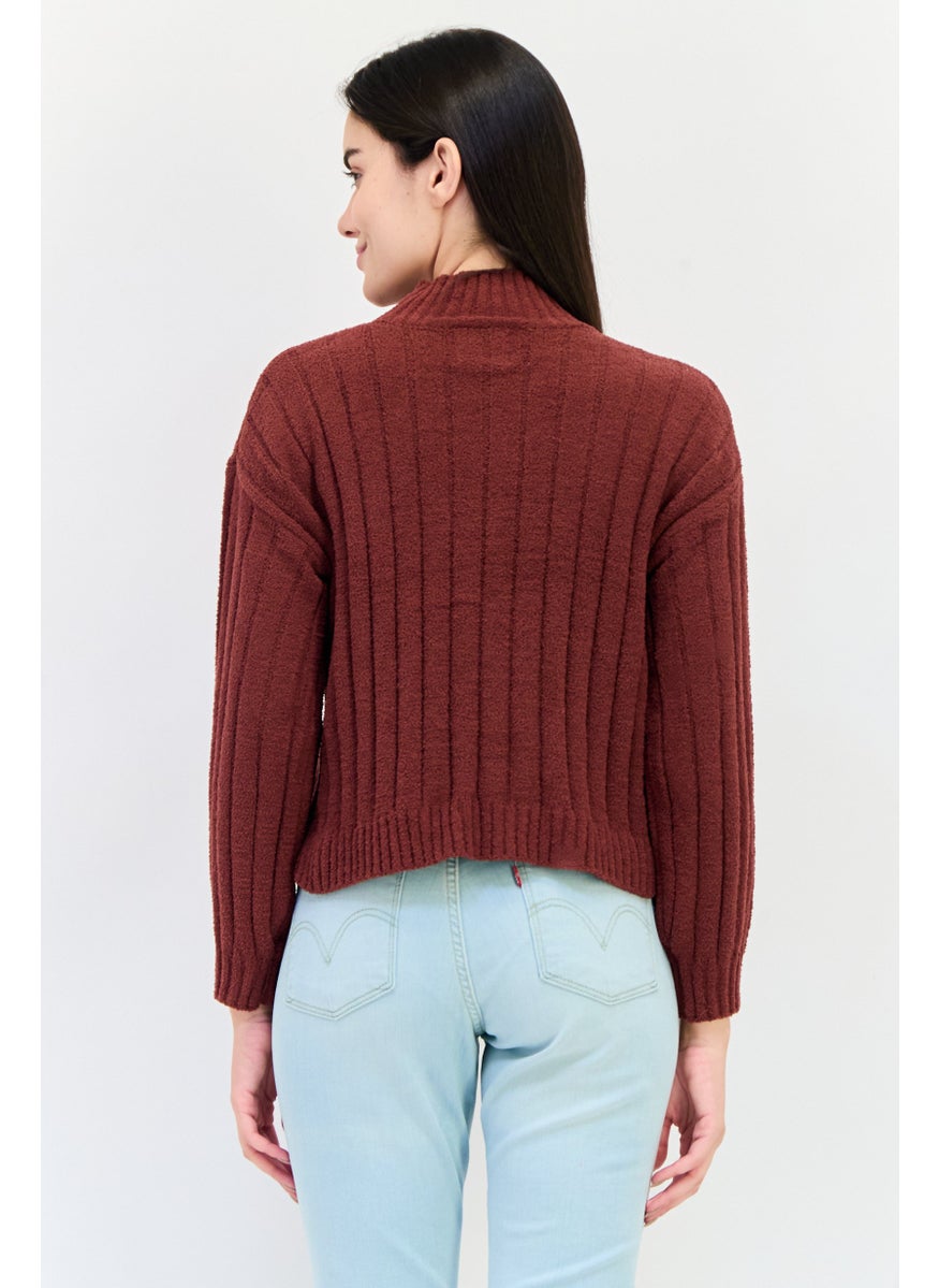 Women Mock Neck Textured Sweater, Maroon