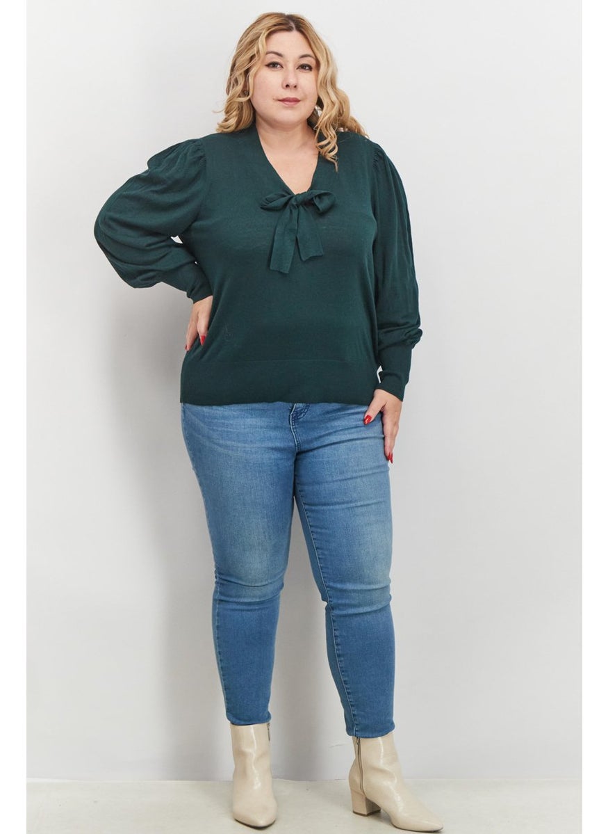 Women Plus Size V-neck Puffed Sleeves Knit Sweater, Dark Green