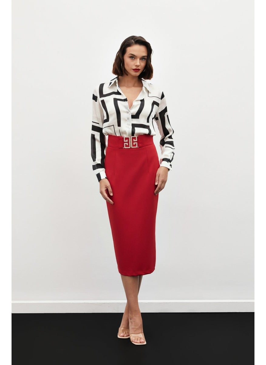 Accessory Detailed Pencil Skirt - Red
