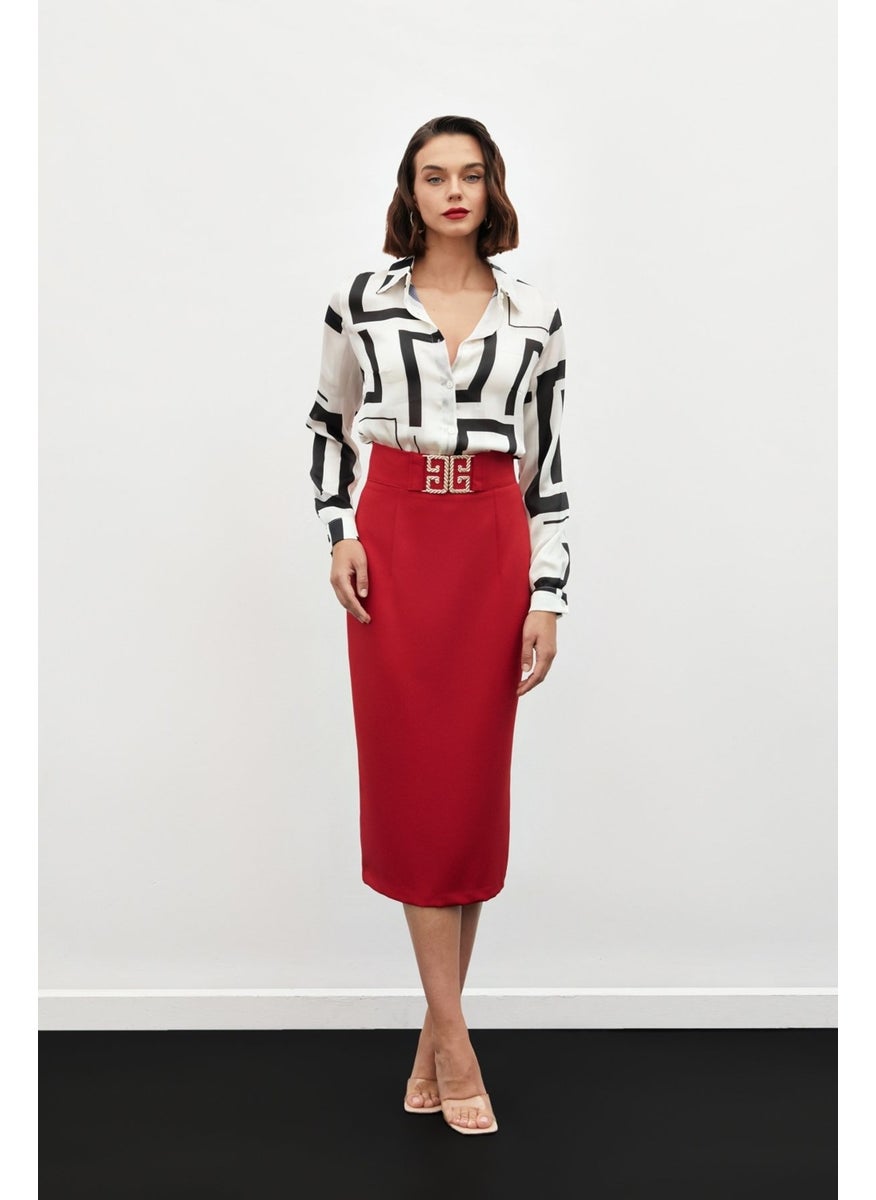Accessory Detailed Pencil Skirt - Red