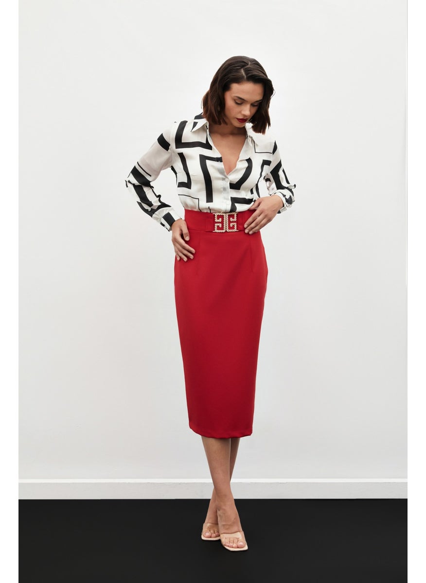 Accessory Detailed Pencil Skirt - Red