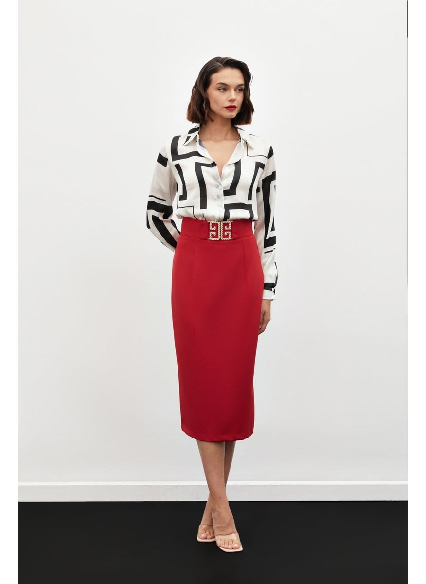 Accessory Detailed Pencil Skirt - Red