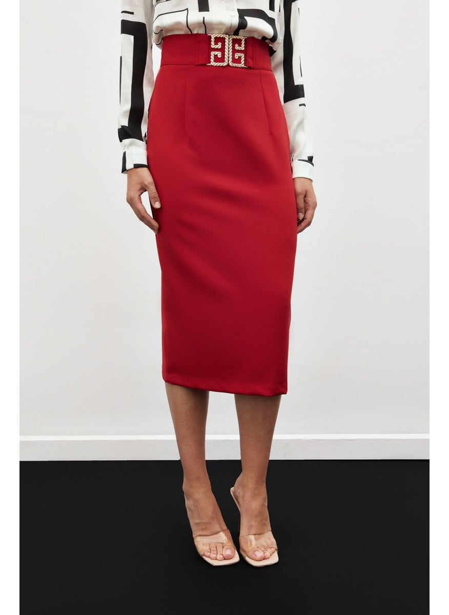 Accessory Detailed Pencil Skirt - Red