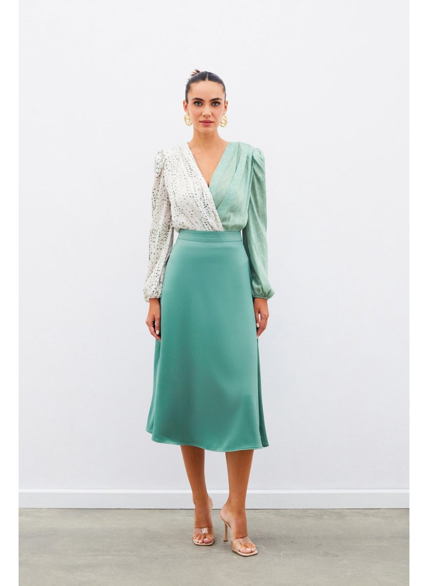 Midi Length Satin Skirt - Khaki