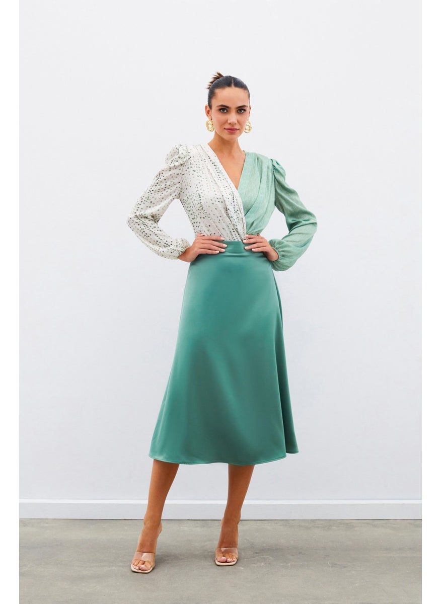 Midi Length Satin Skirt - Khaki