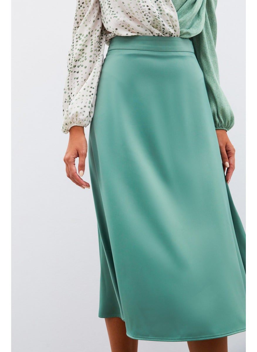 Midi Length Satin Skirt - Khaki