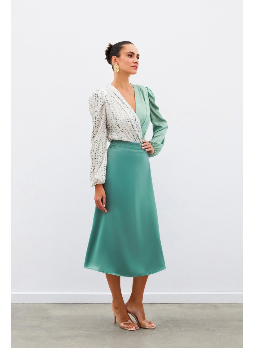 Midi Length Satin Skirt - Khaki