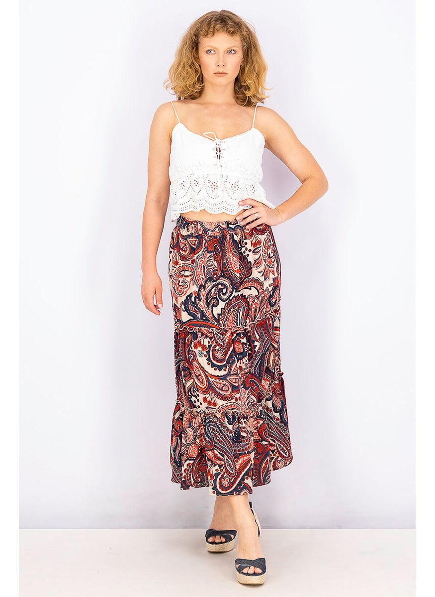 Women Riley Midi Skirt, Red Combo