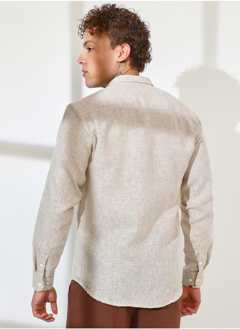 Men's Tan Brown & Ivory White Basket-Weave Shirt