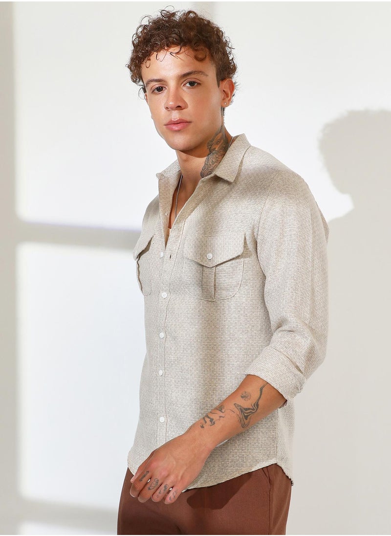 Men's Tan Brown & Ivory White Basket-Weave Shirt