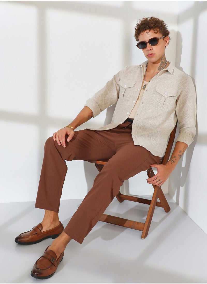 Men's Tan Brown & Ivory White Basket-Weave Shirt