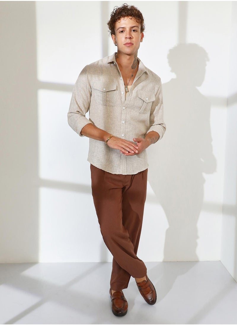 Men's Tan Brown & Ivory White Basket-Weave Shirt