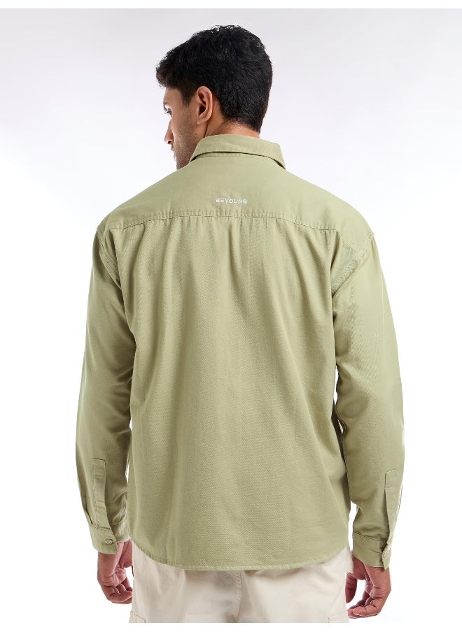 Beige Contrast Stitch Jacket Shirt for Men