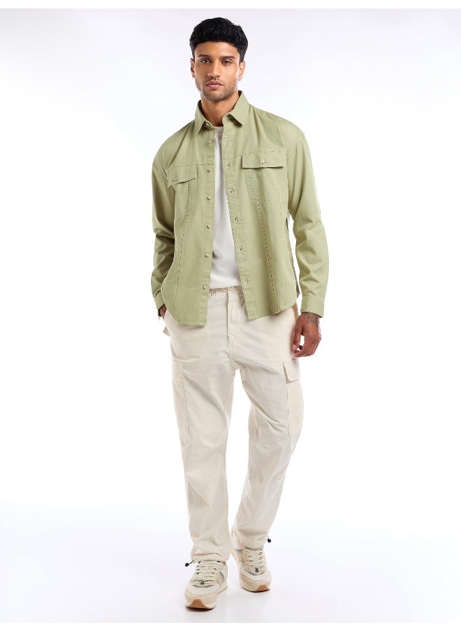 Beige Contrast Stitch Jacket Shirt for Men
