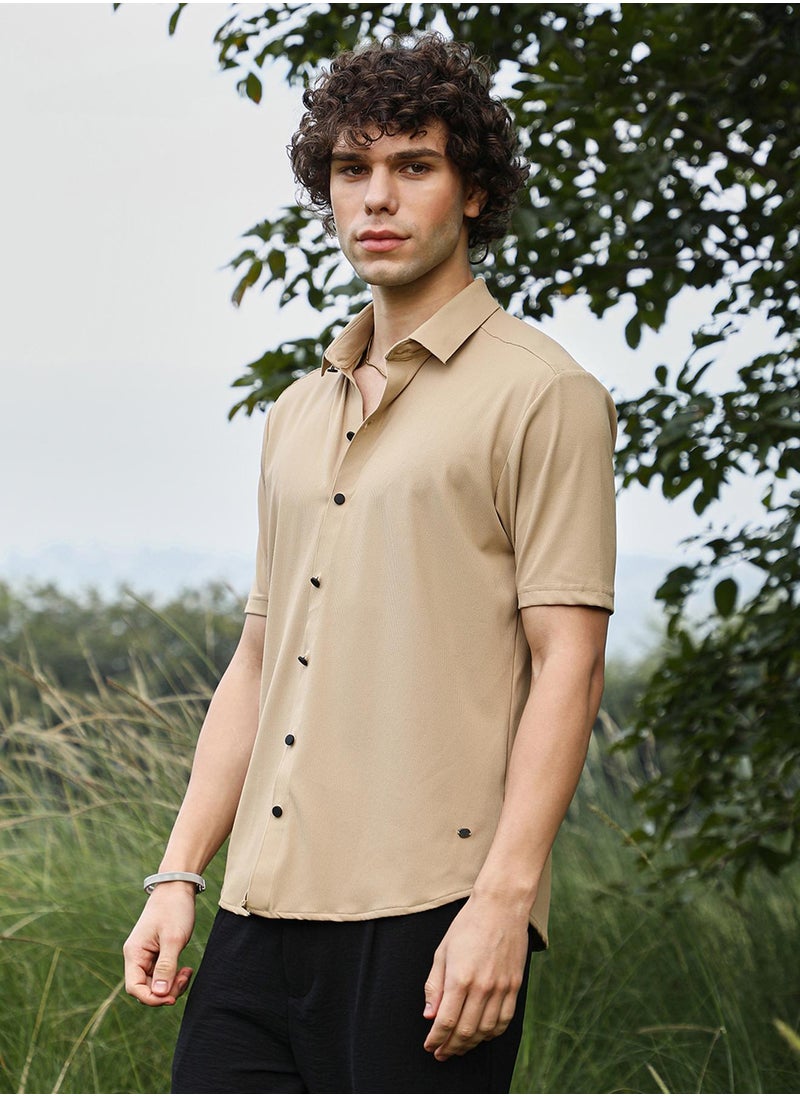 Men's Buff Beige Solid Knit Shirt
