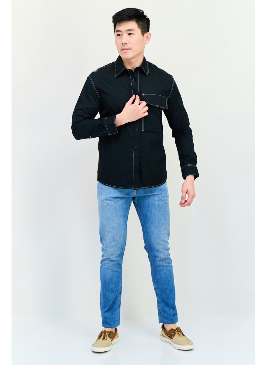 Men Regular Fit Embroidered Long Sleeves Casual Shirts, Black