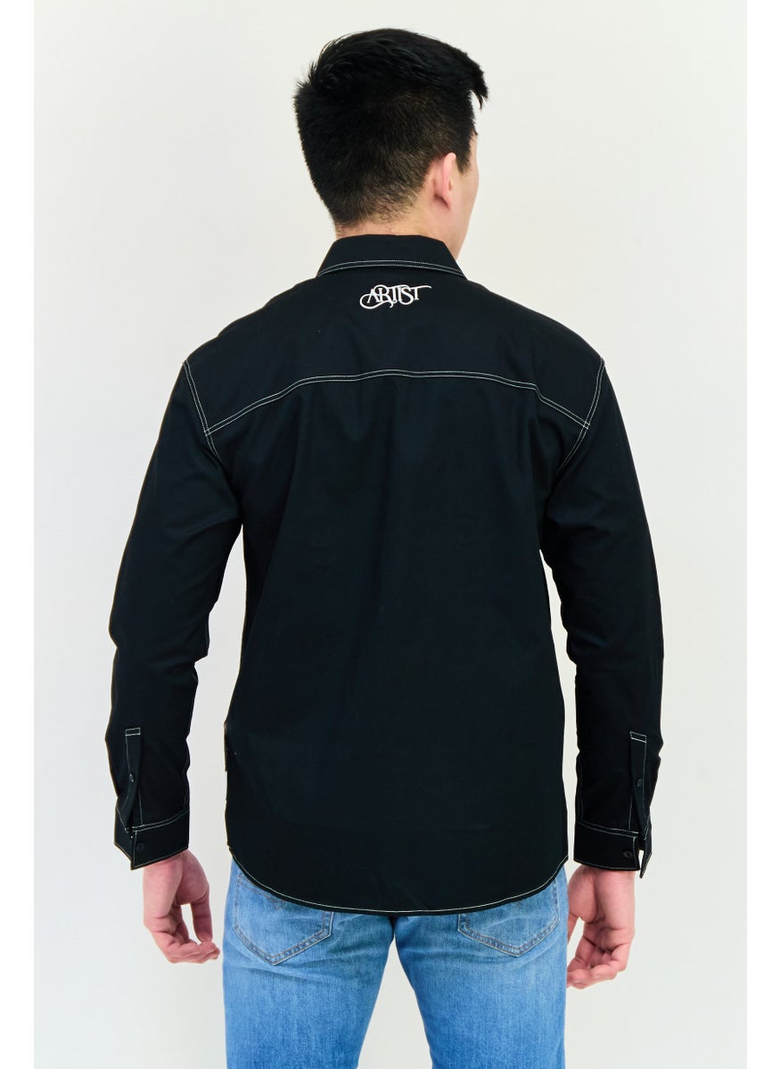 Men Regular Fit Embroidered Long Sleeves Casual Shirts, Black