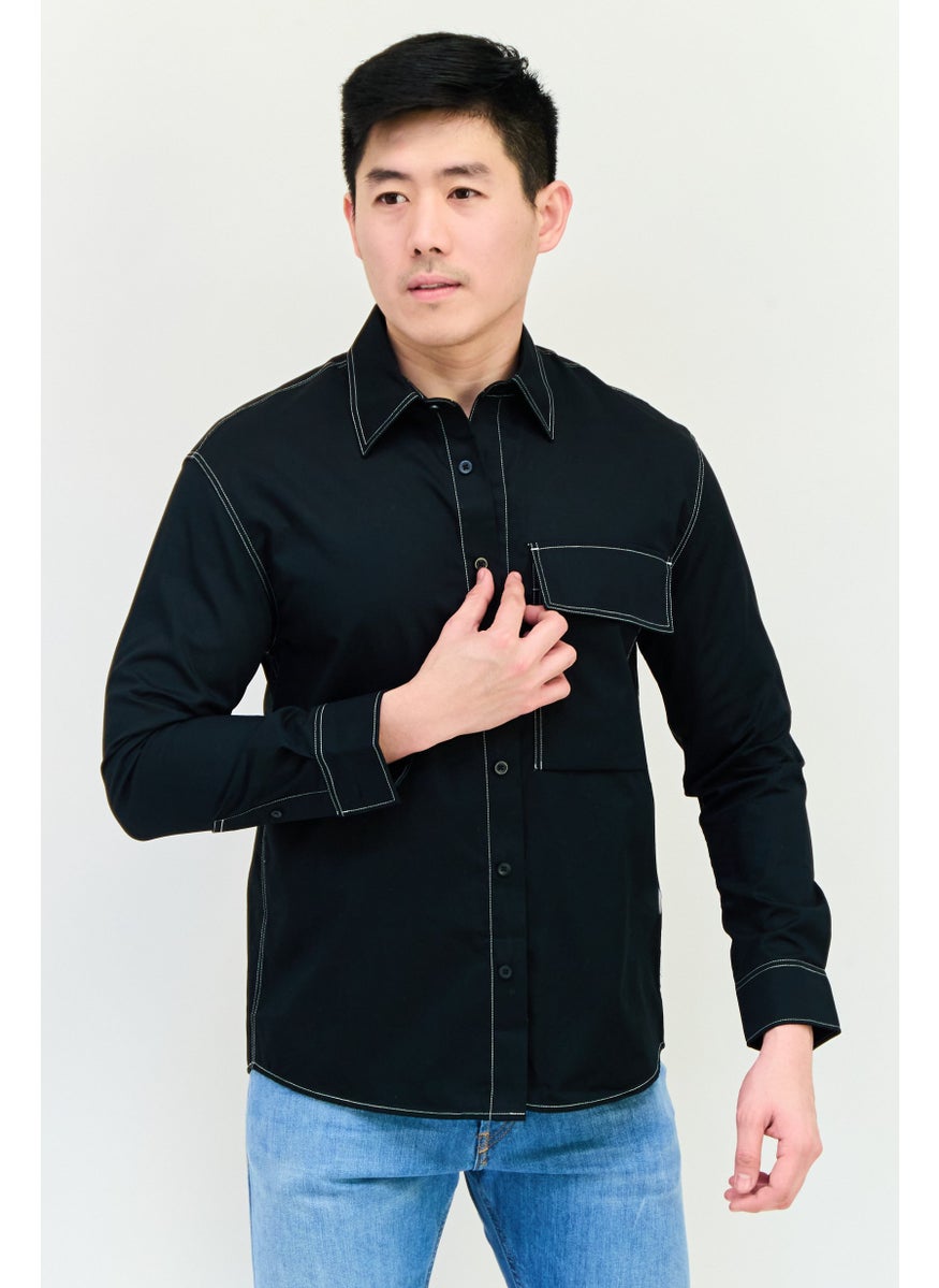 Men Regular Fit Embroidered Long Sleeves Casual Shirts, Black
