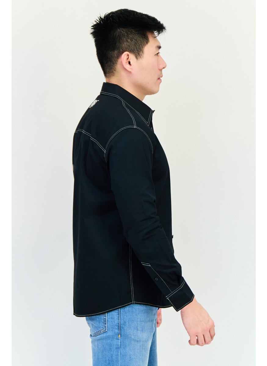 Men Regular Fit Embroidered Long Sleeves Casual Shirts, Black