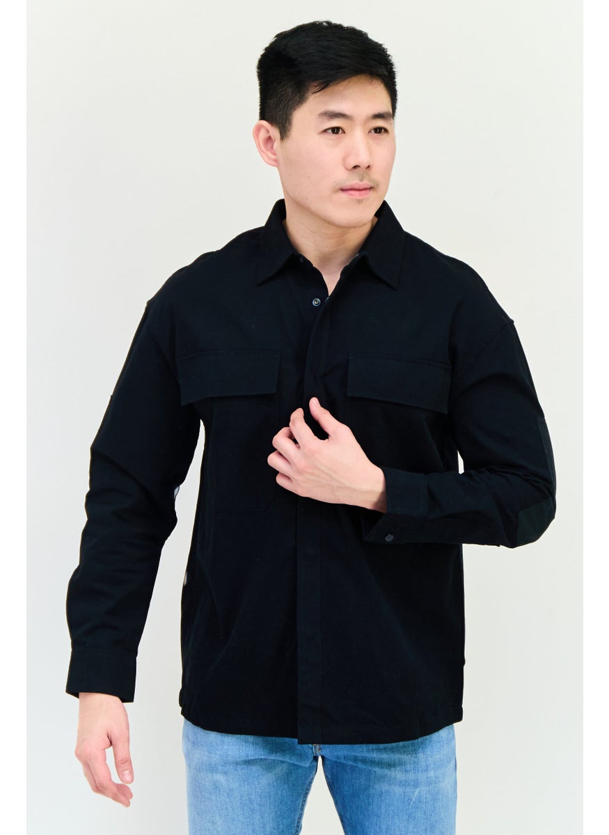 Men Loose Fit Plain Long Sleeves Casual Shirt, Black