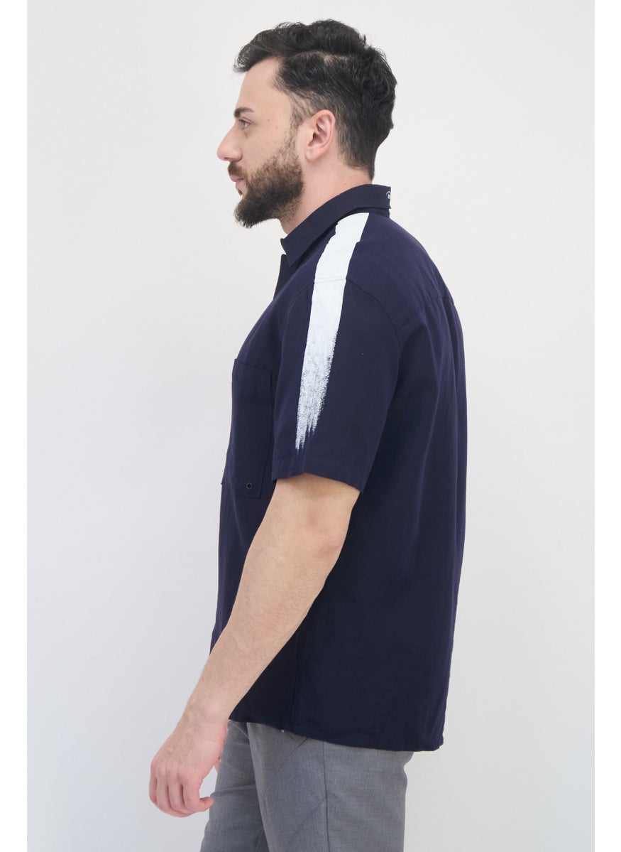 Men Drop Shoulder Fit Solid Short Sleeves Casual Shirts, Navy
