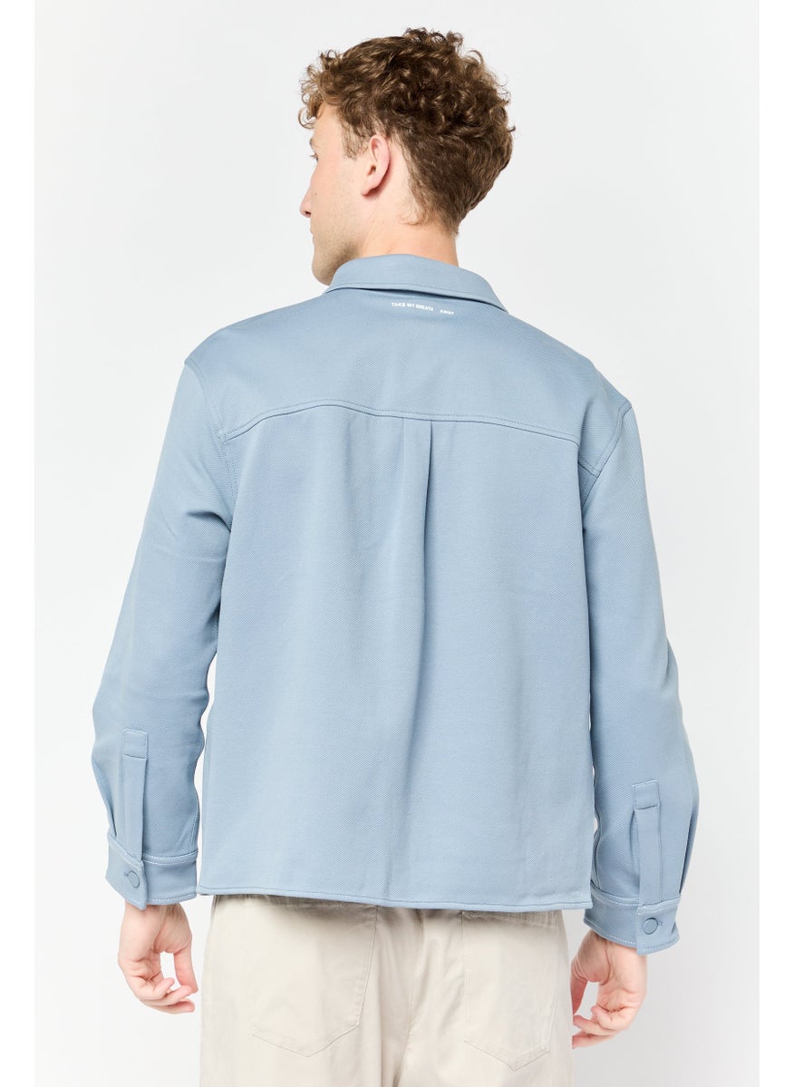 Men Drop Shoulder Fit Elbow Sleeves Solid  Casual Shirt, Blue