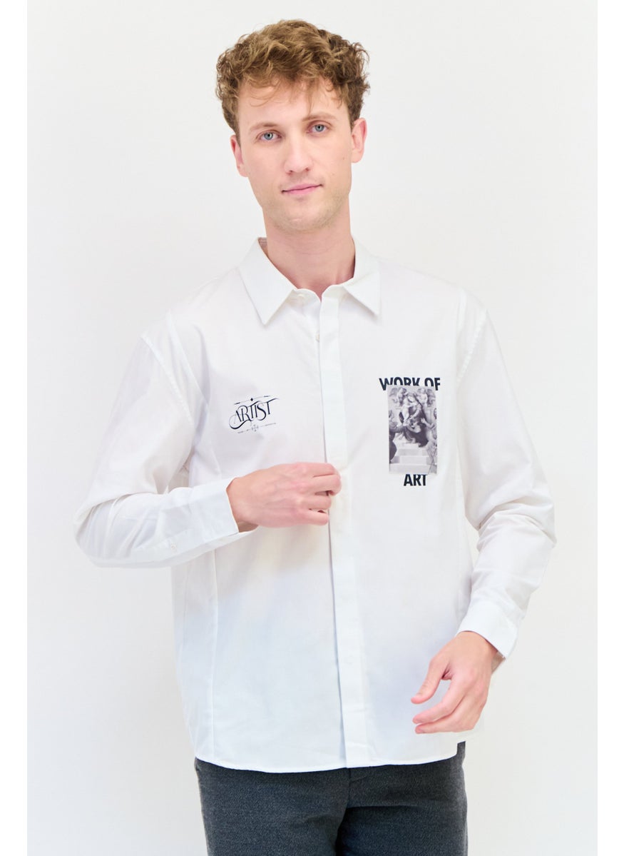 Men Regular Fit Graphic Print Long Sleeve Casual Shirt, White