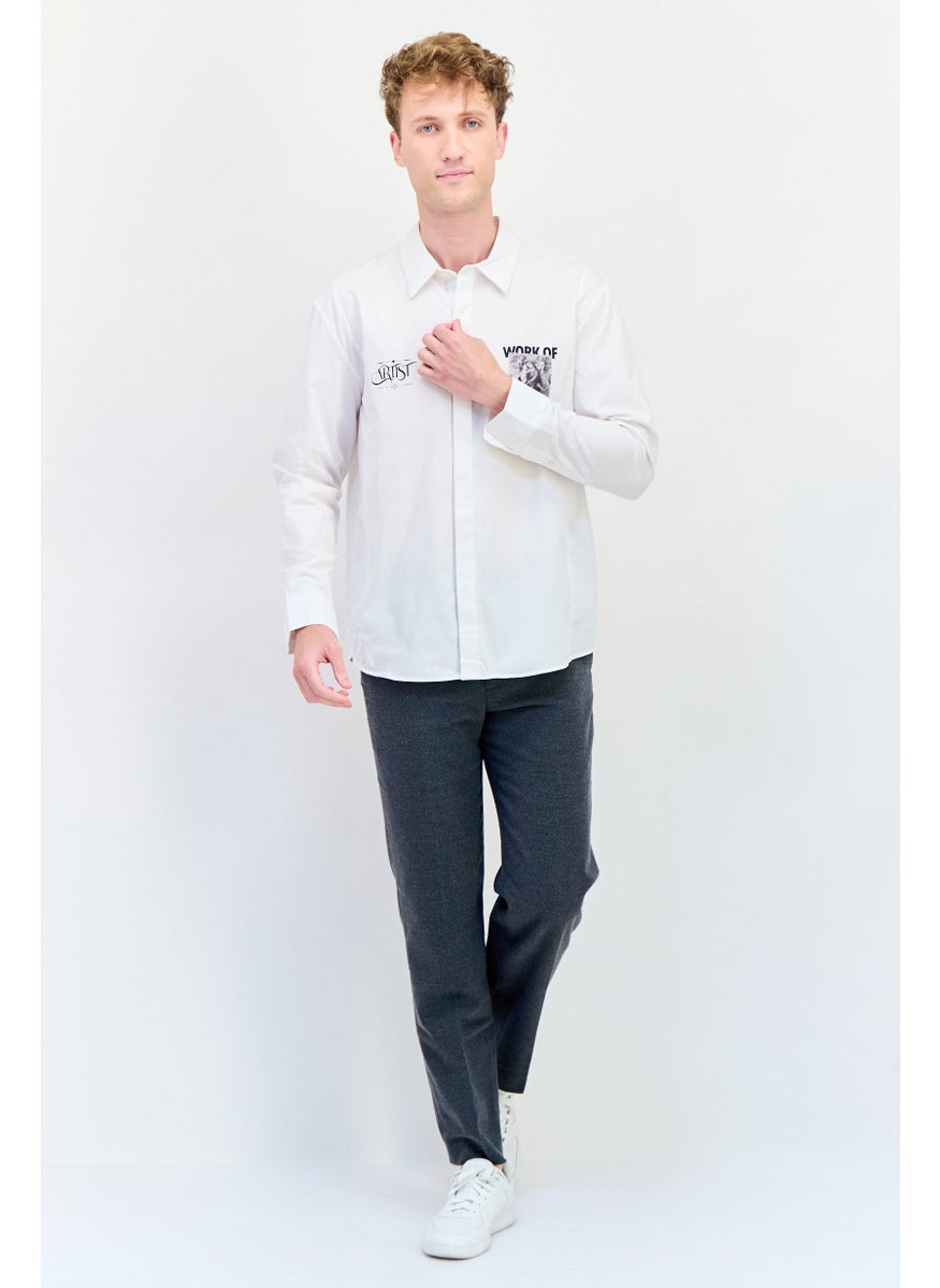 Men Regular Fit Graphic Print Long Sleeve Casual Shirt, White