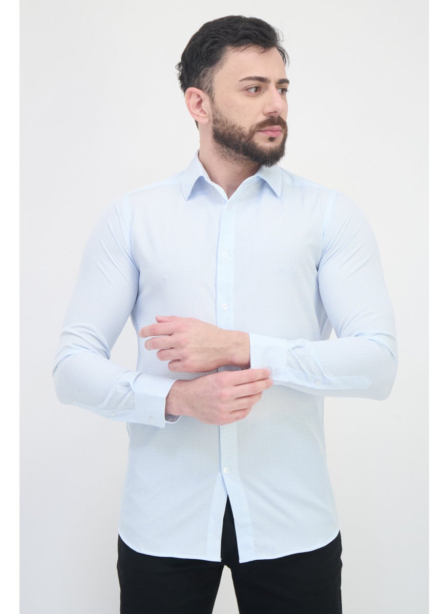 Men Modern Fit Micro Check Long Sleeve Dress Shirt, Light Blue
