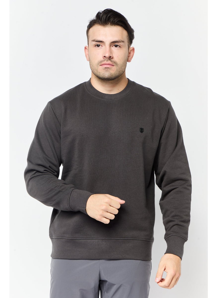 Men Crew Neck Brand Logo Long Sleeves Sweatshirt, Dusty Grey